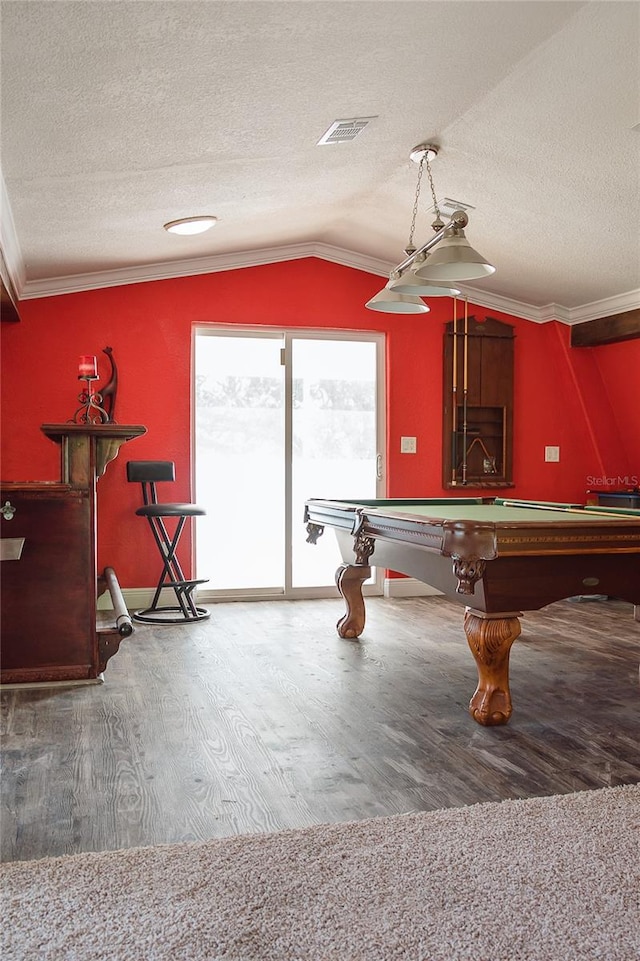 rec room featuring pool table, crown molding, lofted ceiling, a textured ceiling, and hardwood / wood-style flooring