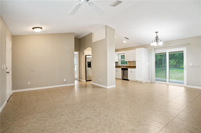 unfurnished living room with light tile patterned flooring and ceiling fan with notable chandelier