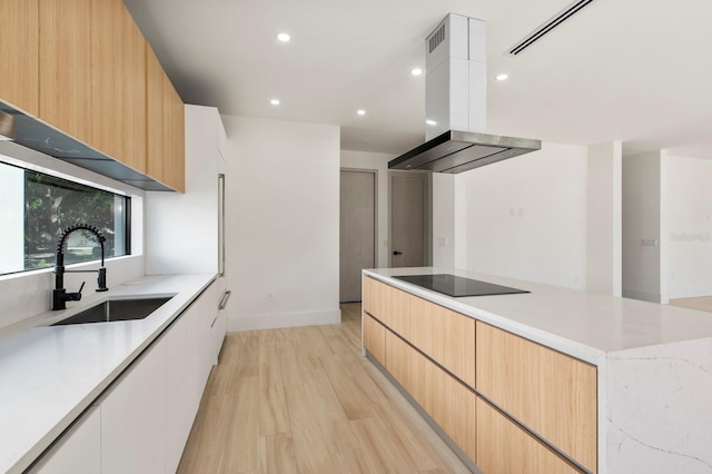 kitchen with white cabinets, sink, light hardwood / wood-style floors, black electric cooktop, and island range hood