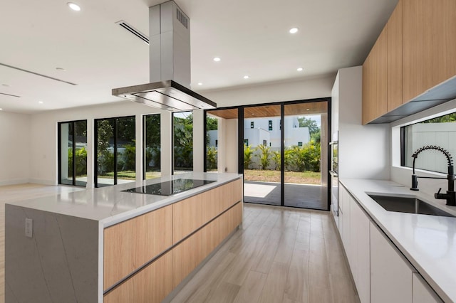 kitchen with island exhaust hood, a healthy amount of sunlight, sink, and light wood-type flooring