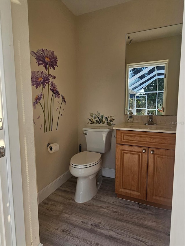 bathroom featuring hardwood / wood-style flooring, vanity, and toilet