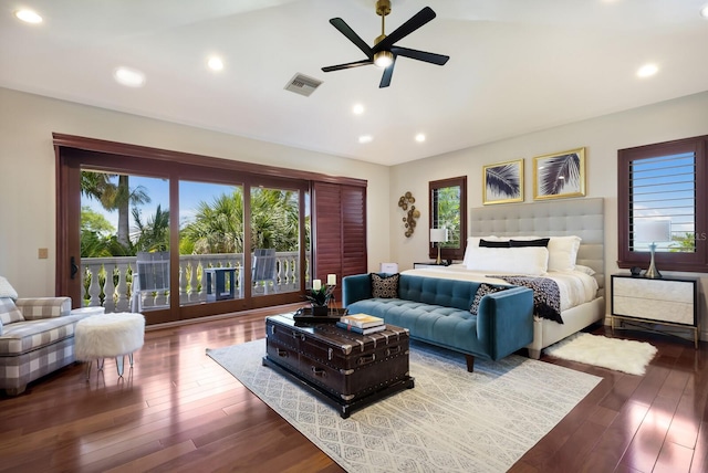 bedroom featuring wood-type flooring, ceiling fan, and access to exterior