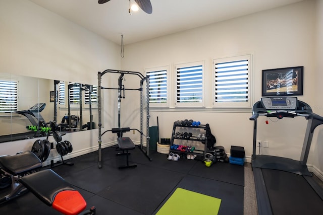 exercise area with ceiling fan