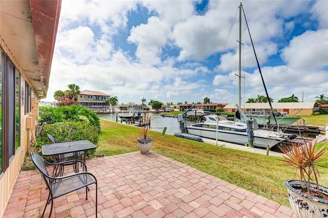 view of patio with a boat dock and a water view