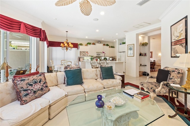 living room with a notable chandelier, light tile flooring, and ornamental molding