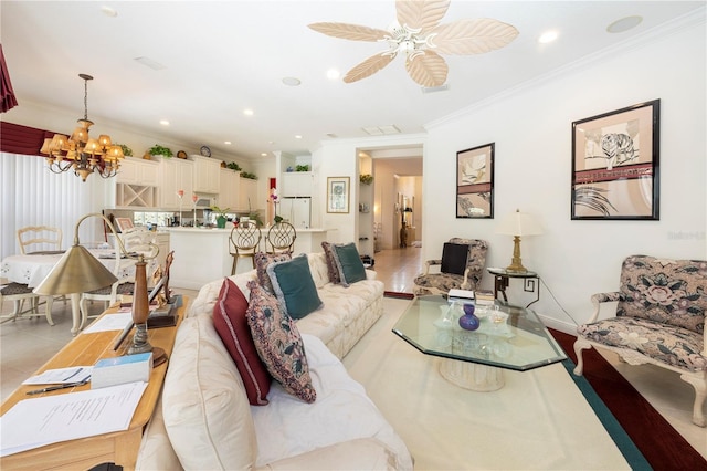 living room with ceiling fan with notable chandelier, crown molding, and tile flooring