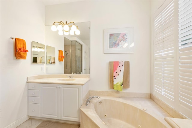 bathroom featuring a bath, vanity, and tile floors