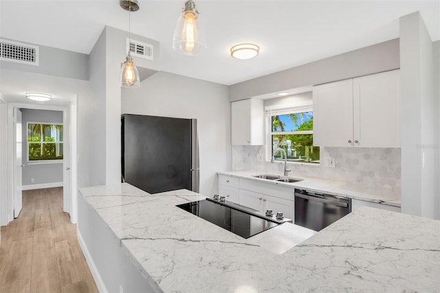 kitchen with backsplash, white cabinets, sink, hanging light fixtures, and appliances with stainless steel finishes