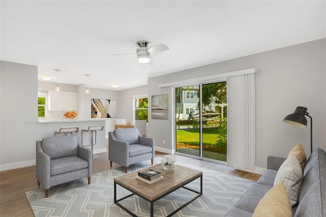 living room featuring a wealth of natural light, light hardwood / wood-style flooring, and ceiling fan