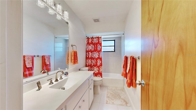 full bathroom featuring tile patterned flooring, vanity, shower / bath combo, and toilet