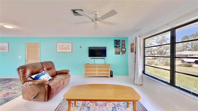 living room with ceiling fan