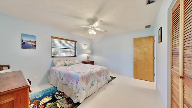 bedroom featuring ceiling fan and a closet