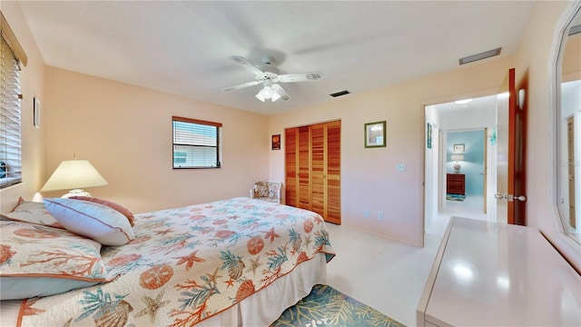 bedroom featuring ceiling fan and a closet