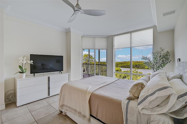 tiled bedroom with crown molding, ceiling fan, and access to exterior