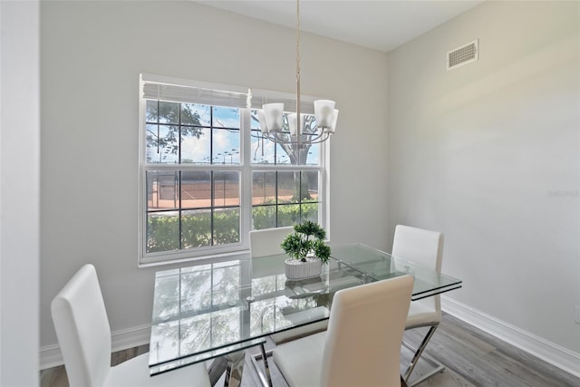 dining room with a notable chandelier, a wealth of natural light, and wood-type flooring