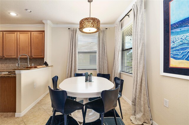 tiled dining area with ornamental molding