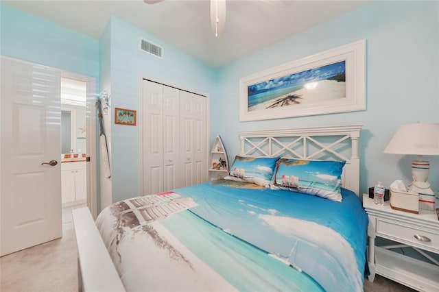 bedroom featuring carpet, a closet, and ceiling fan