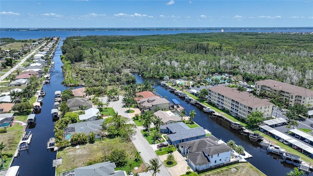 bird's eye view with a water view