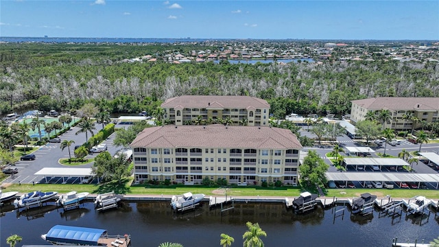 drone / aerial view featuring a water view