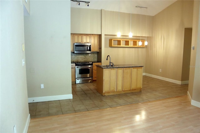 kitchen featuring light brown cabinetry, an island with sink, sink, light hardwood / wood-style floors, and stainless steel appliances