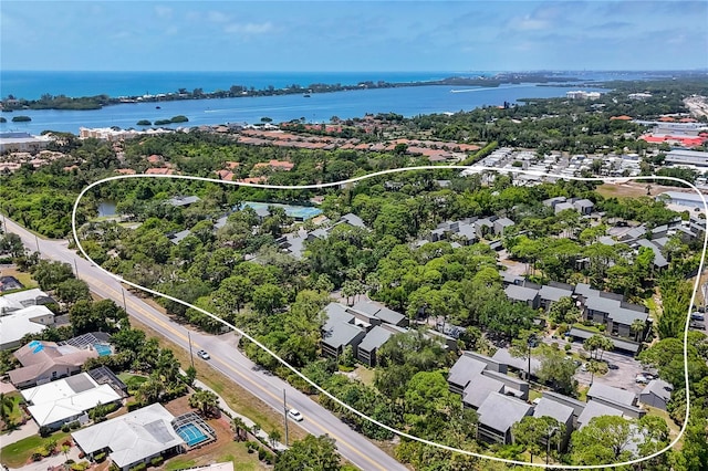 drone / aerial view featuring a water view