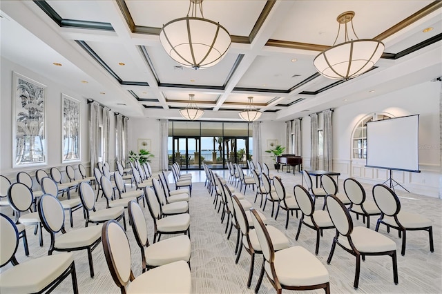 carpeted dining space featuring beam ceiling and coffered ceiling