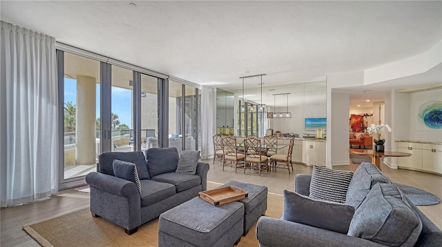 living room featuring floor to ceiling windows and hardwood / wood-style flooring