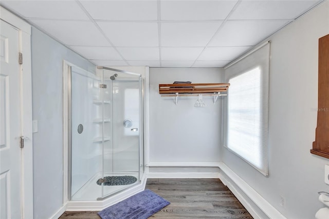 bathroom with walk in shower, hardwood / wood-style floors, and a drop ceiling