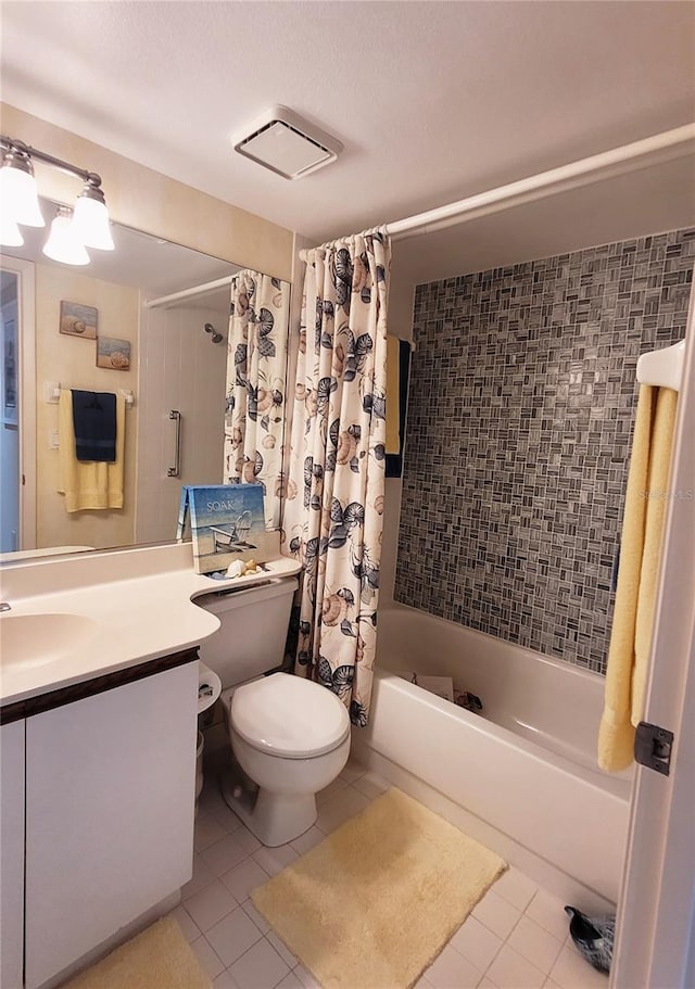 full bathroom with tile patterned floors, vanity, toilet, and shower / bathtub combination with curtain