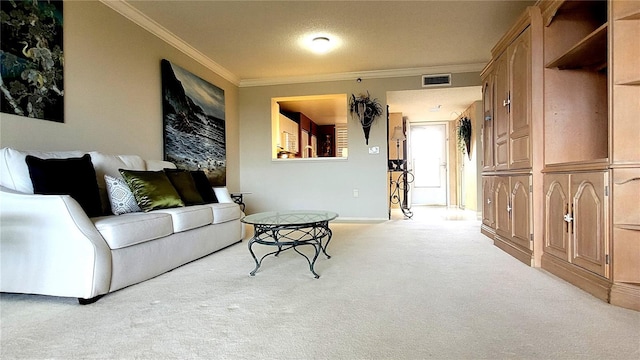 carpeted living room featuring crown molding