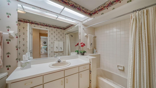 full bathroom with toilet, shower / bath combo, and oversized vanity