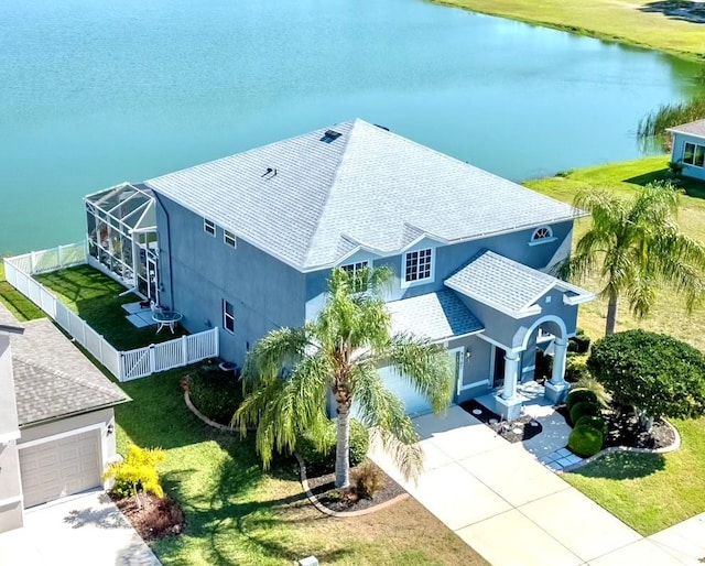 bird's eye view with a water view