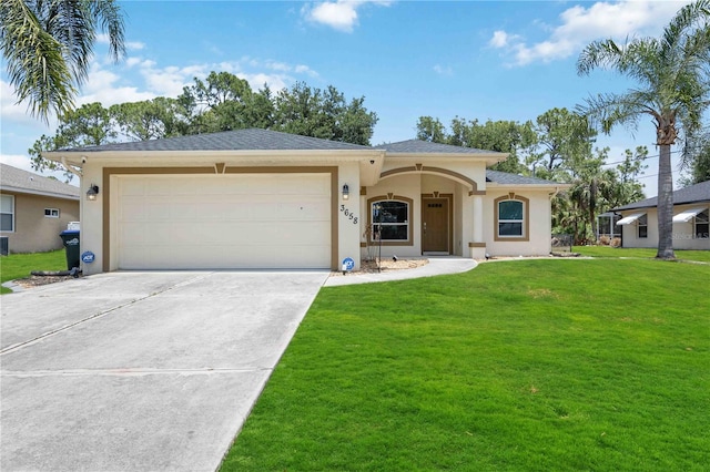 single story home featuring a garage and a front lawn