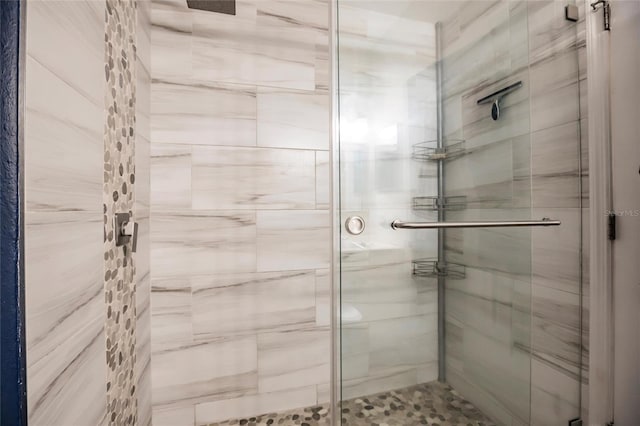 bathroom with a shower with shower door