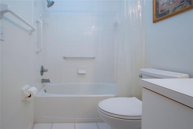 full bathroom featuring shower / tub combo, vanity, tile patterned floors, and toilet