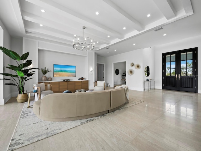 living room featuring recessed lighting, a chandelier, french doors, beamed ceiling, and baseboards