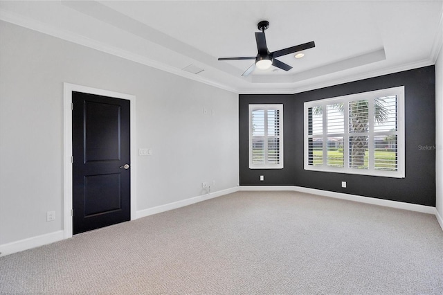 spare room with carpet, a raised ceiling, crown molding, and ceiling fan