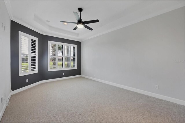 unfurnished room featuring carpet, ceiling fan, a tray ceiling, and ornamental molding