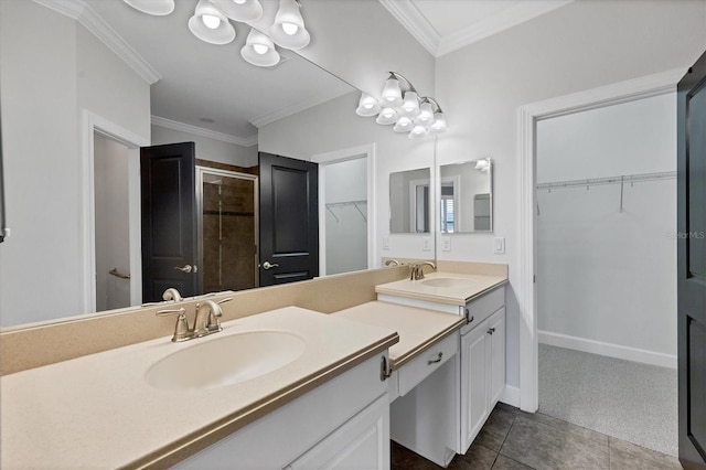 bathroom featuring tile flooring, ornamental molding, and dual bowl vanity