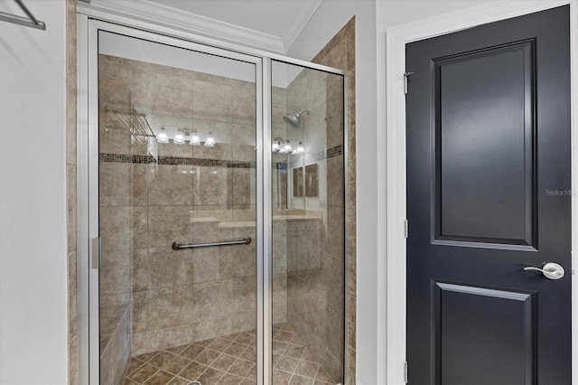 bathroom featuring walk in shower and ornamental molding