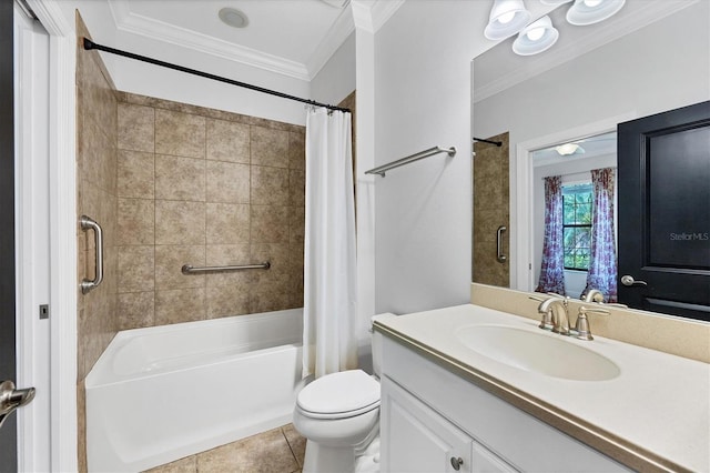 full bathroom featuring tile flooring, crown molding, shower / tub combo with curtain, toilet, and large vanity