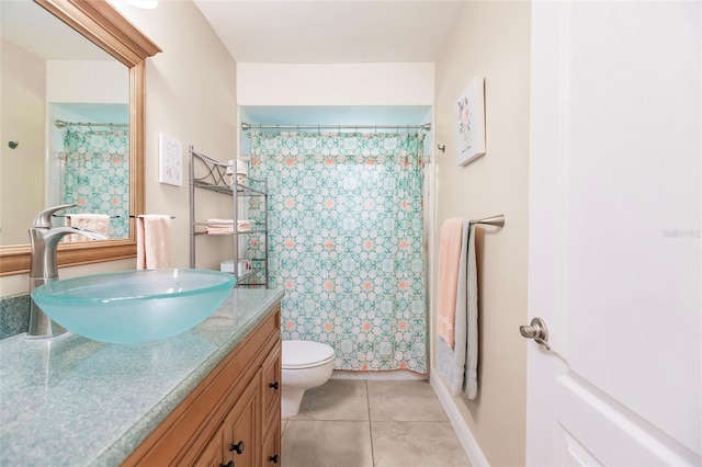 bathroom featuring tile flooring, toilet, and vanity