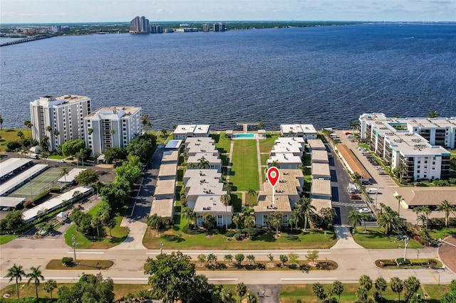 drone / aerial view with a water view