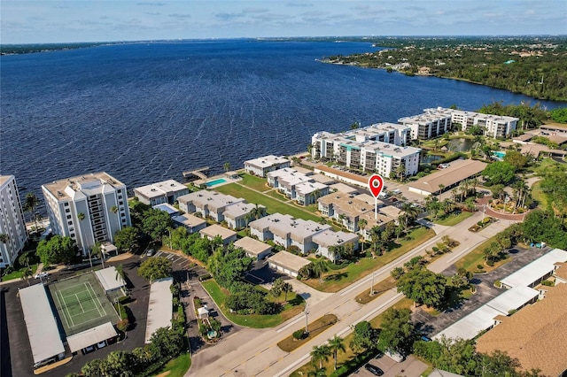 aerial view featuring a water view