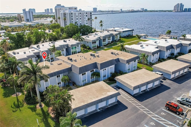 bird's eye view with a water view