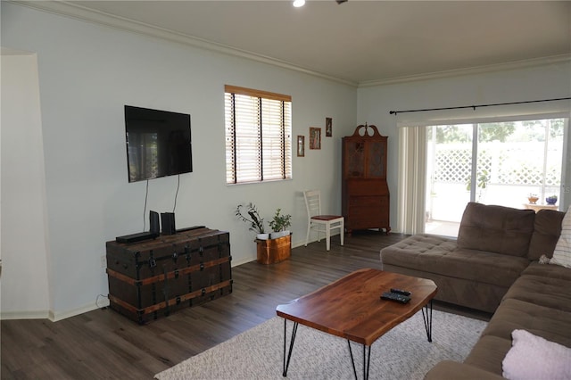 living room featuring crown molding and dark hardwood / wood-style floors