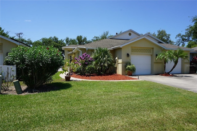 ranch-style home featuring a front yard and a garage