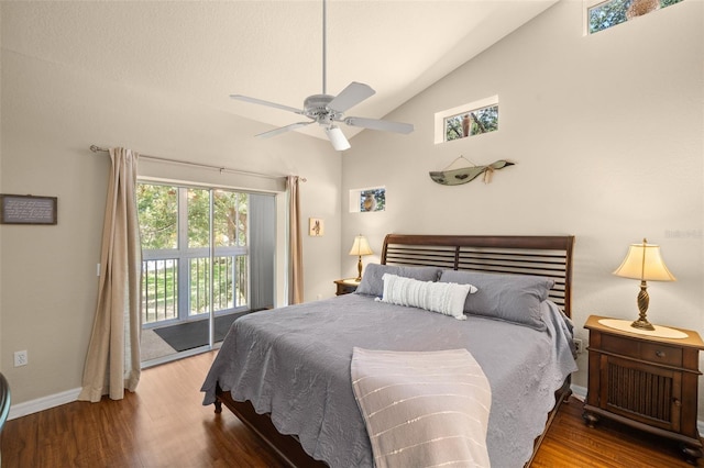 bedroom featuring ceiling fan, lofted ceiling, access to exterior, and hardwood / wood-style floors