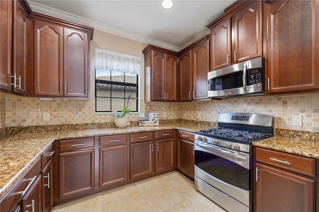 kitchen featuring light stone countertops, appliances with stainless steel finishes, tasteful backsplash, and crown molding