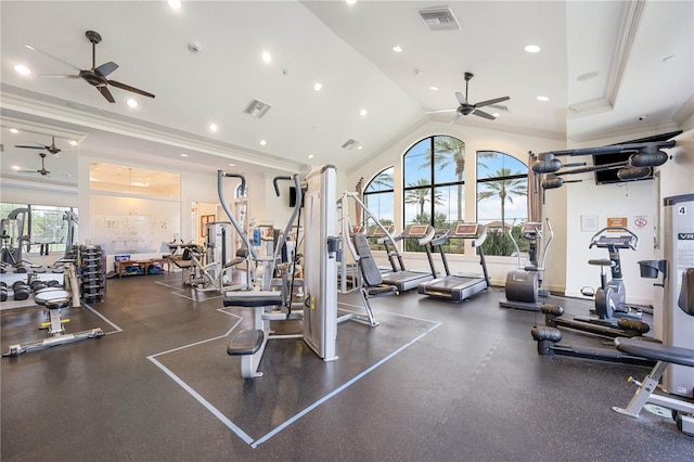 exercise room featuring crown molding, ceiling fan, and lofted ceiling